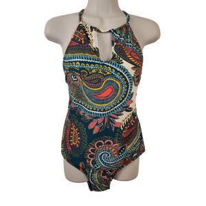 Cleanwater Swimsuit Womens Large One Piece Halter Boho Paisley Strappy Bathing